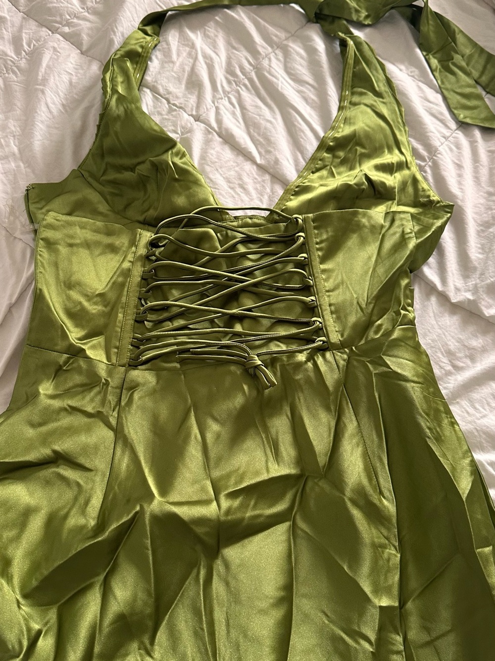 BABYBOO Olive Green Maxi Dress with Pleated Halter Bodice - Picture 4 of 10